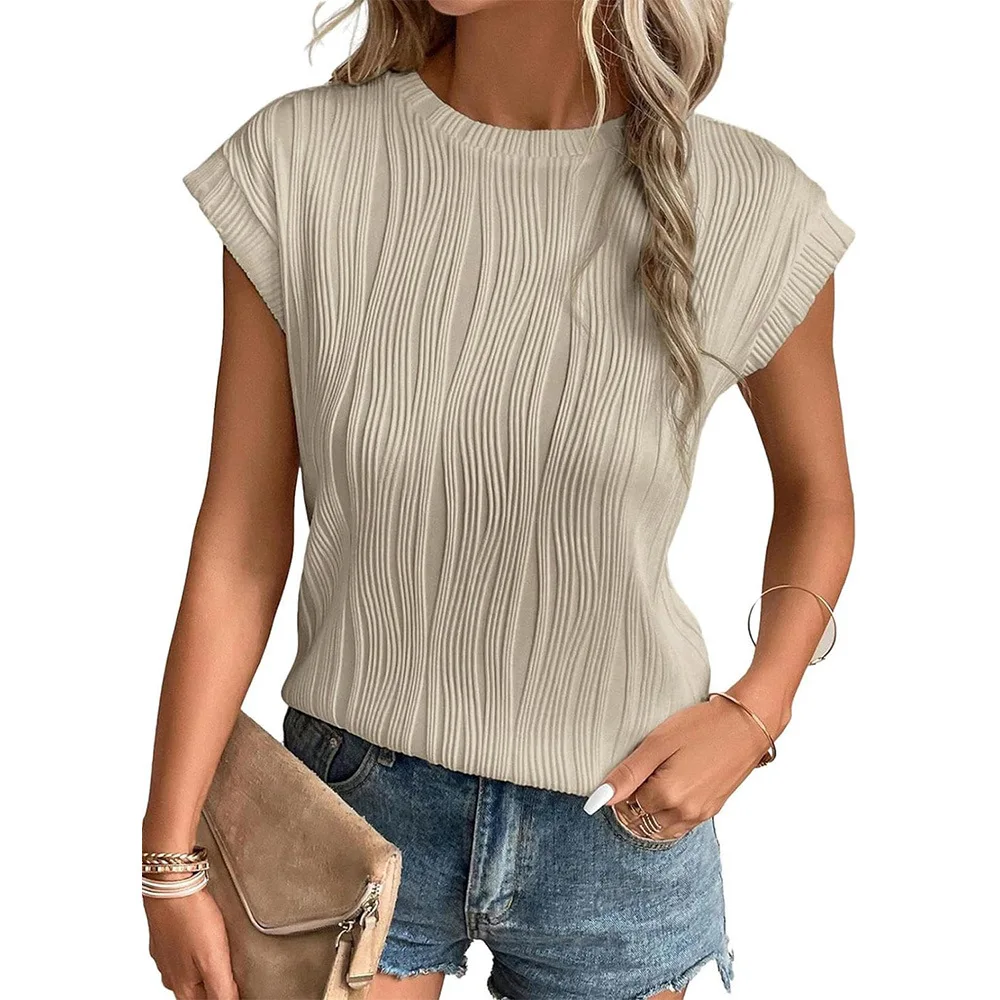 

2024 European And American New Style Round Neck Short-sleeved Textured Y2K Slim Fit T-shirt Women's Basic Casual Solid Color Top