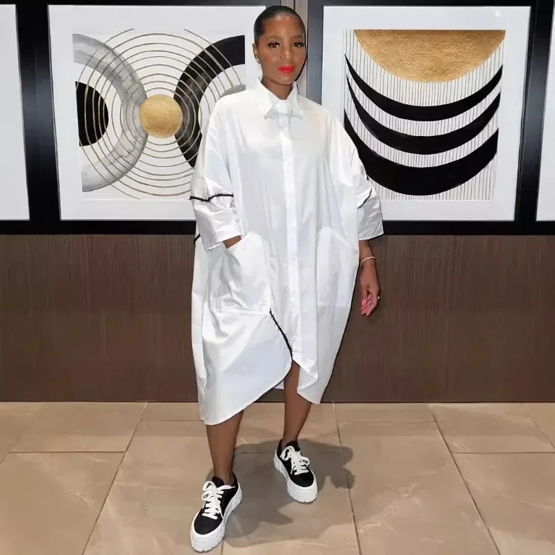 GUWU فستان نسائي فضفاض بأكمام طويلة وجيوب غير رسمية فستان ميدي أفريقيا للخريف مثير غير رسمي للحفلات الليلية والشارع فساتين قميص