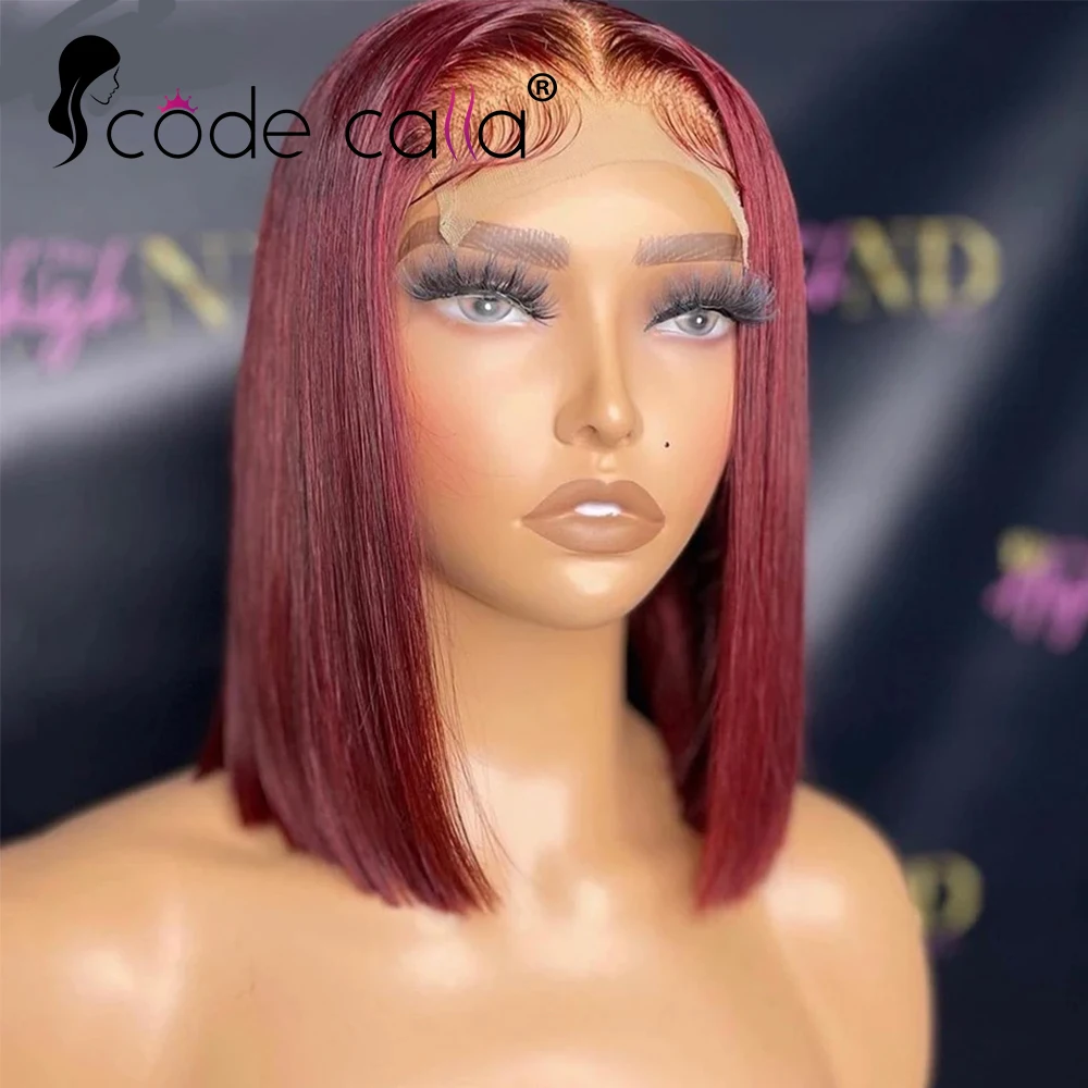 Perruque Bob Lace Front Wig Remy brésilienne naturelle, cheveux courts lisses, bordeaux 99J, T-Part, pre-plucked