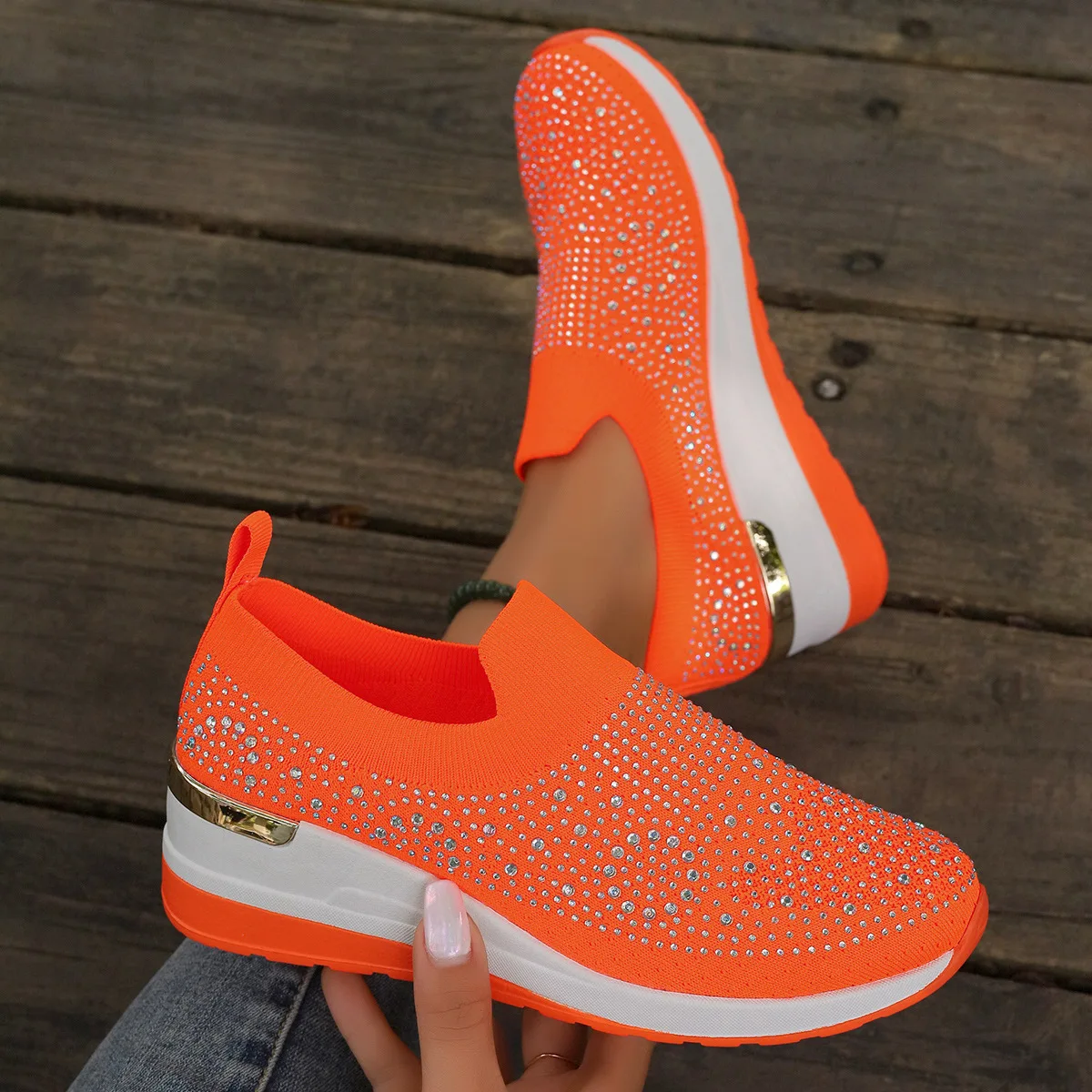 Orange Rhinestone Casual Sneakers Breathable Wedge Women Lightweight Shoes Slip On 2024 New Comfortable Spring Mesh Sports Shoes