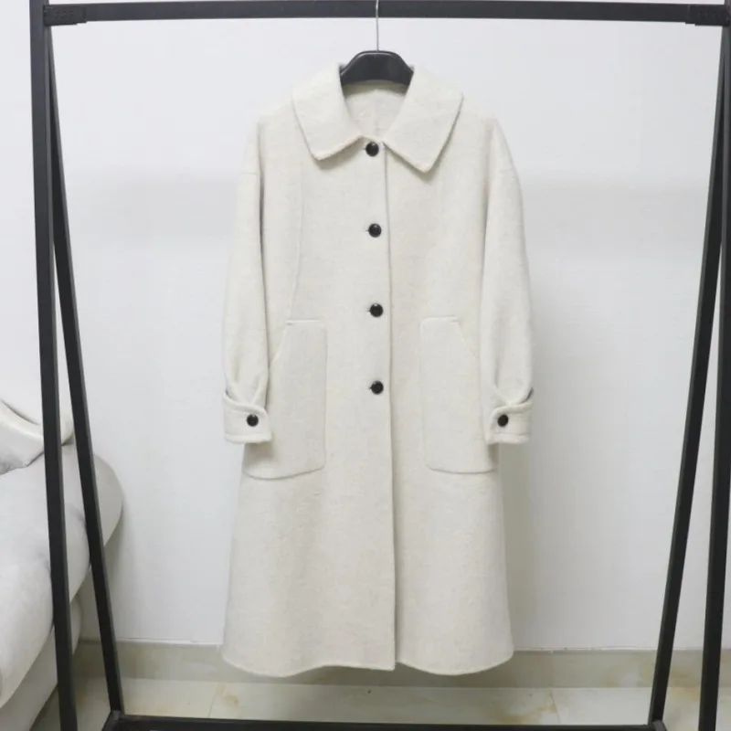 

Women's Autumn Winter Single Breasted Long Sleeve Loose Long Wool Coat Lady Elegant Turn Down Collar Wool Outwear