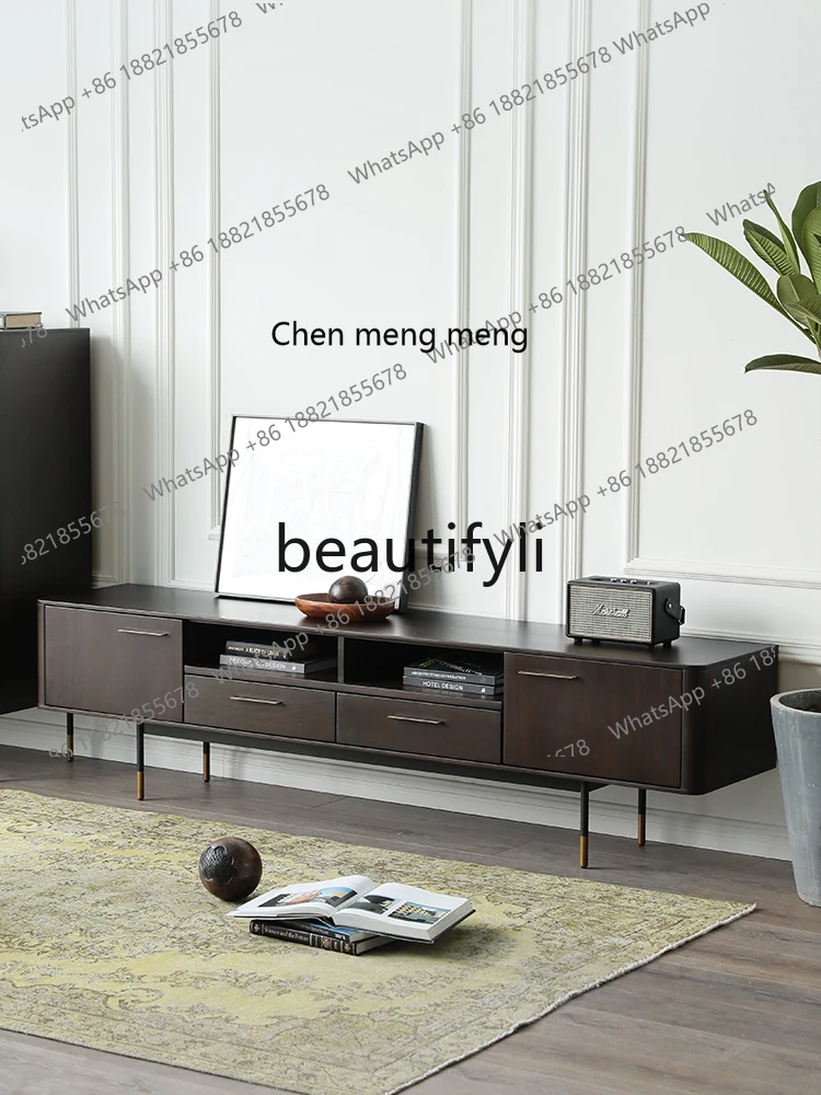 Medieval industrial style expression TV cabinet imported boxwood solid wood metal feet retro Italian audio-visual cabinet