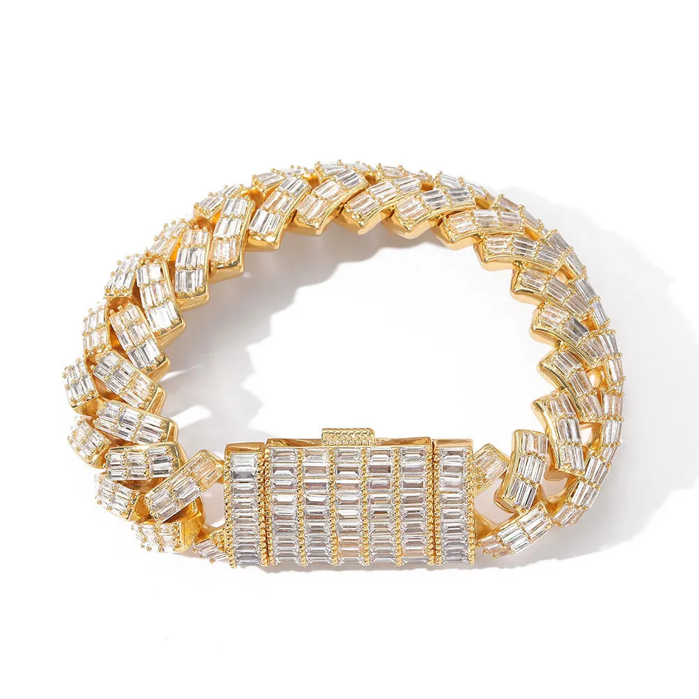 Nuoya 18MM Large 18k Gold Plated Iced Out Cuban Link Bracelet Micro Pave Bling Baguette Diamond Bracelet