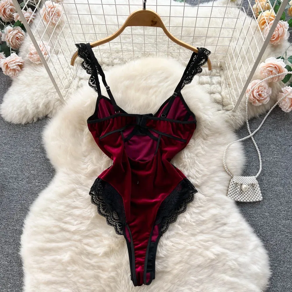 Hotsweet Vintage Strap Elegant Sleeveless Chic Lace Spliced Velour High Split Bodysuits Sexy Beach Vacation High Street Jumpsuit