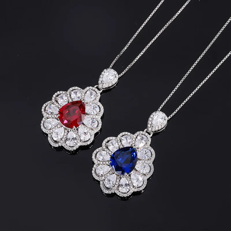 Pendant S925 Full body Silver Red Treasure Blue Treasure Water Droplet Handmade Diamond Pendant 10 * 12