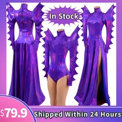 Men Women Purple Laser Exaggerated Shoulder Bodysuit Dress Nightclub Ds Dj Gogo Wear Pole Dance Outfit Drag Queen Costume XS4474