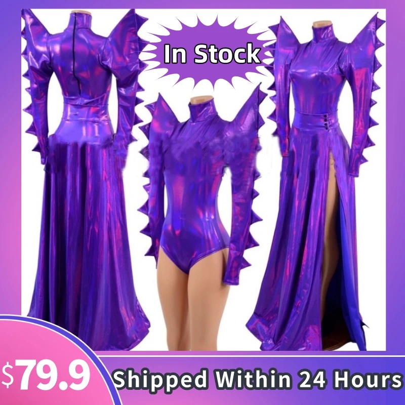 Men Women Purple Laser Exaggerated Shoulder Bodysuit Dress Nightclub Ds Dj Gogo Wear Pole Dance Outfit Drag Queen Costume XS4474