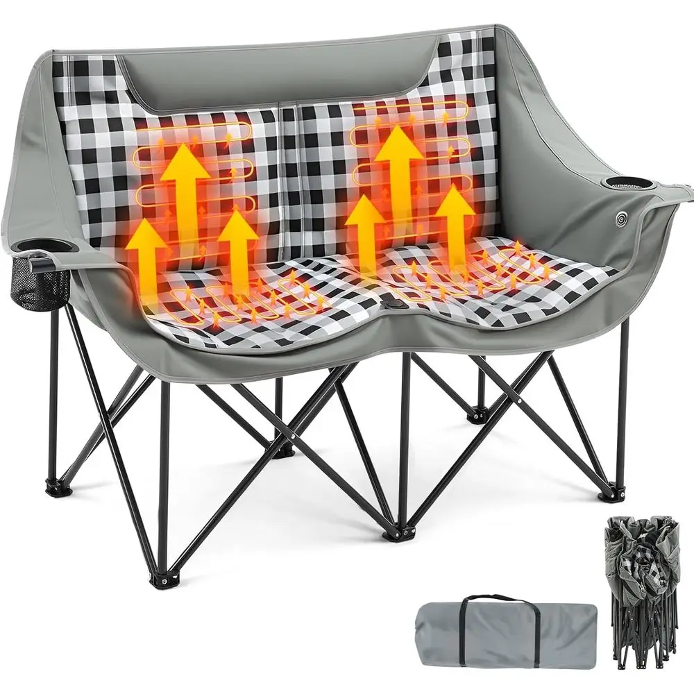

Двухместное кресло для кемпинга с подогревом для взрослых, 4 зоны нагрева, 3 уровня температуры, портативный уличный диванчик с серым клетчатым узором, электрическое.
