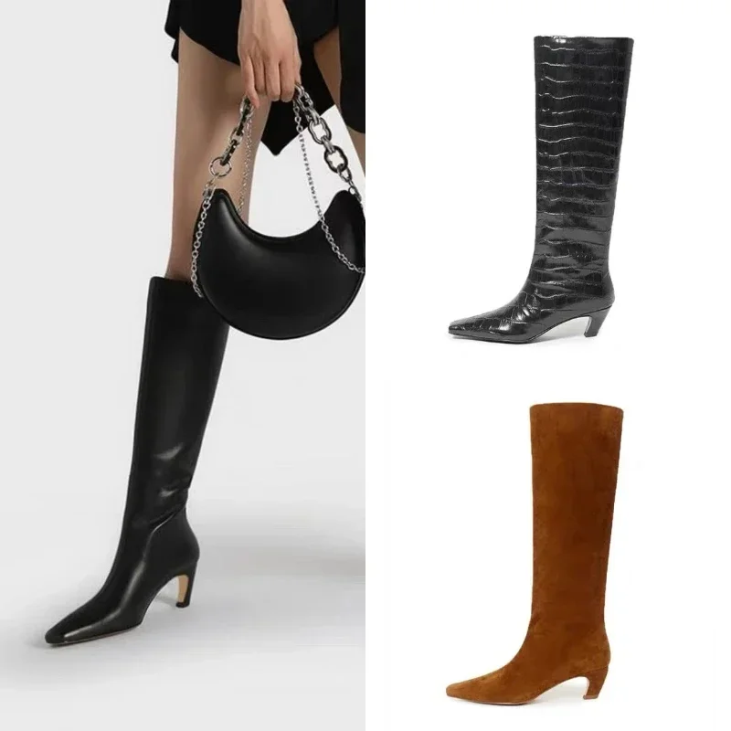 European and American Women's Fashionable Square Toe Knee High Knight Boots, Retro V-shaped Embroidered Thread Sleeve Boots