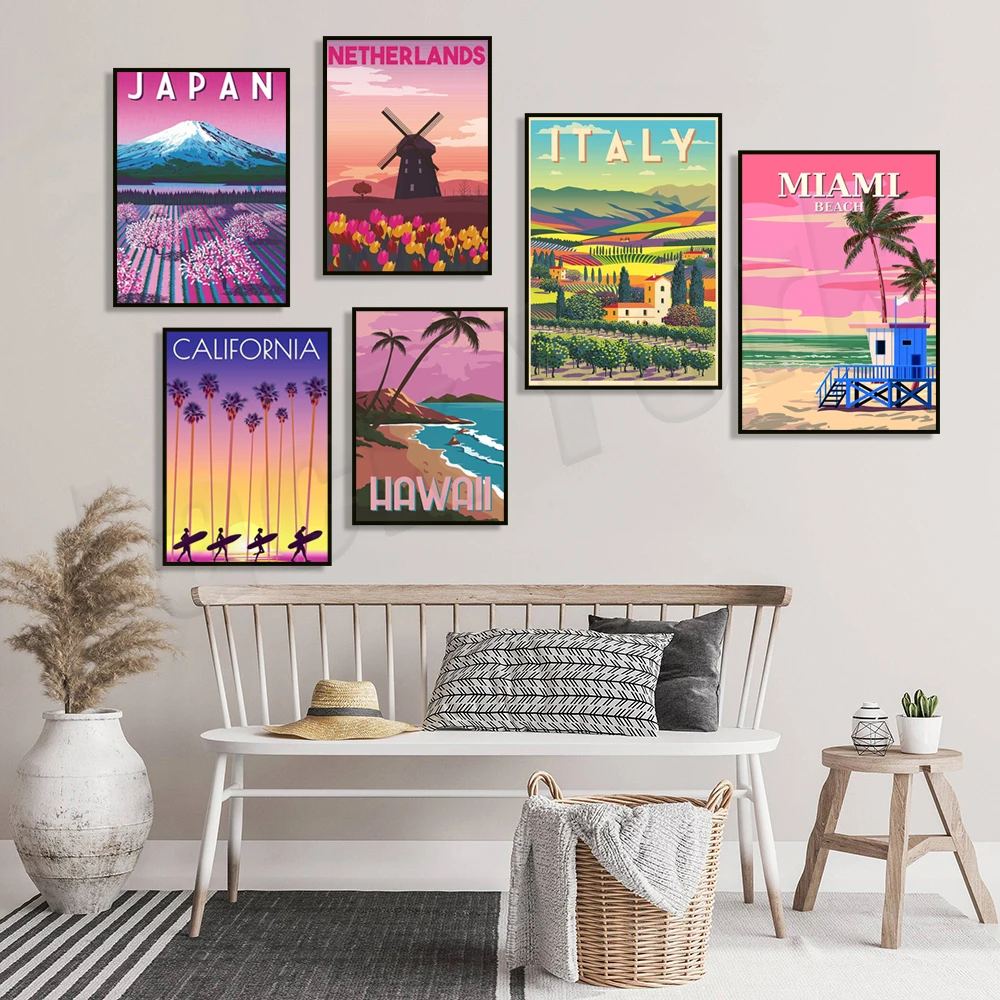 USA Miami Beach, California, San Francisco, Italy, Japan, Netherlands, Venice Italy, Prague, New York, Hawaii travel art poster