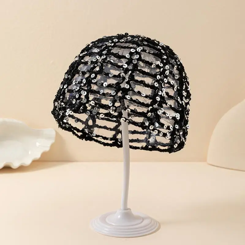 Y2k Shiny Cold Cool Street Sequined Knit Hat Sequin Knit  Beanie Hat Women Sheer Hollow Out Sparkly Fashion Party Clubwear Cap