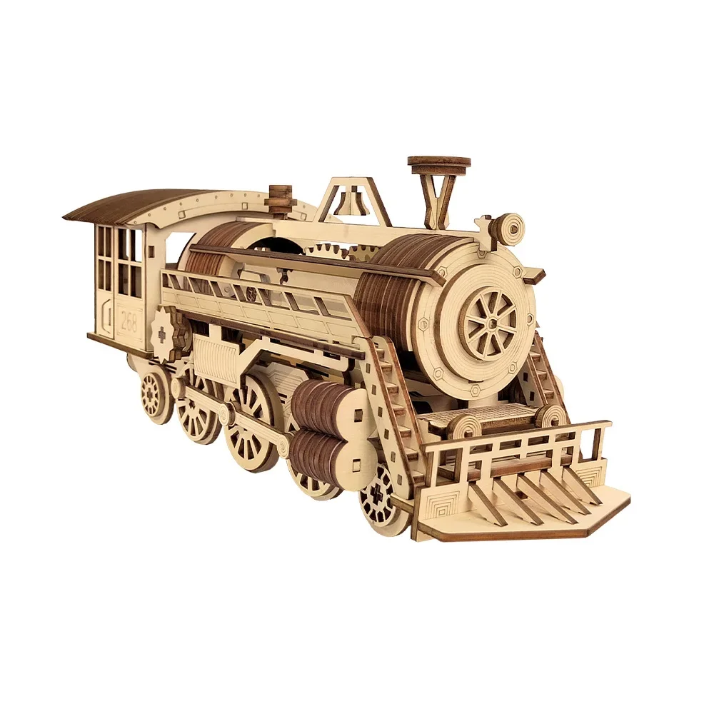 

3D Wooden Puzzle Mechanical Transmission Steam Train Model Handmade DIY Assembly Educational Toy Jigsaw Model Building Kits