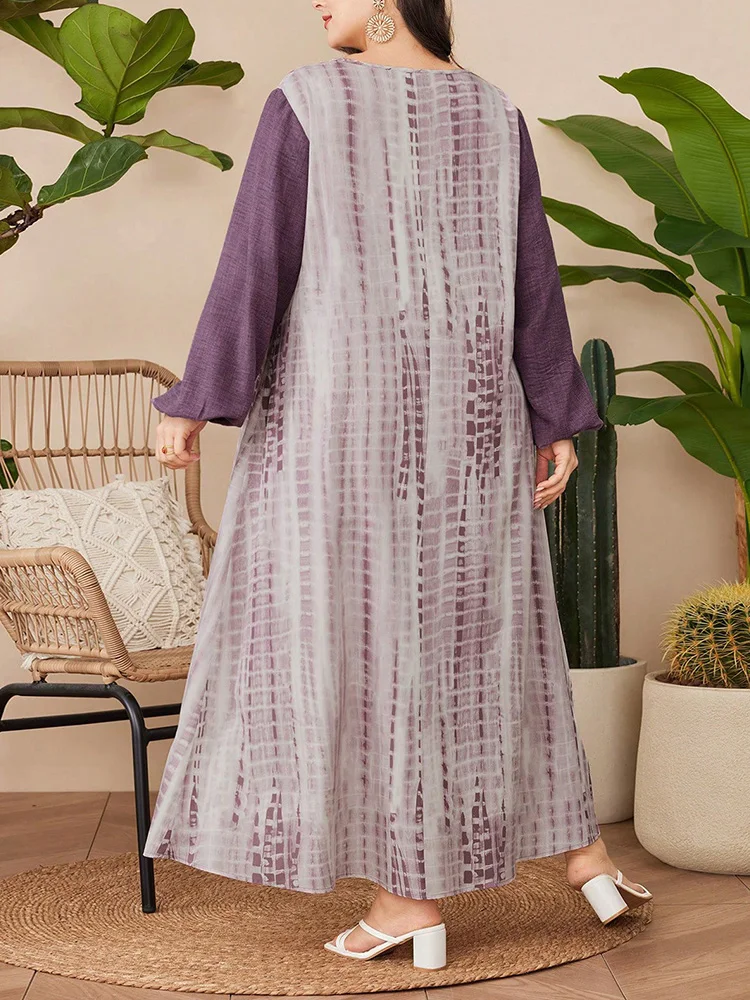 Gibsie plus size férias estilo tie dye abaya vestido feminino 2025 novo outono com decote em v lanterna manga solta maxi vestidos longos femininos