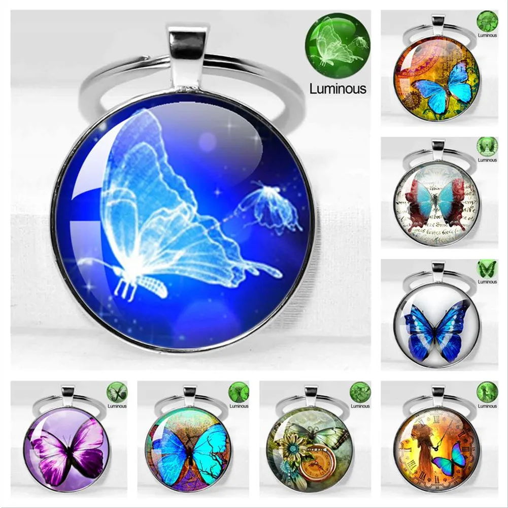 Glow In The Dark Butterfly Keychain Glass Cabochon Luminous Key Chain Luminous Animal Key Ring Chain Butterfly Jewelry