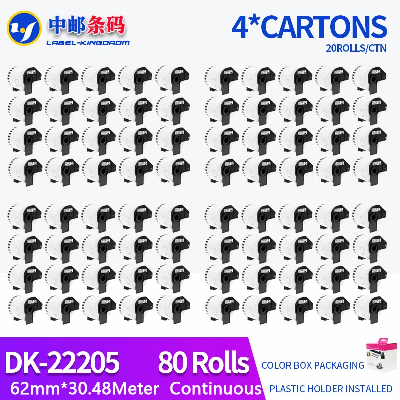 

80Rolls Compatible DK-22205 Label 62mm*30.48M Continuous For Brother QL-570/700/800/1060/1100 Printer All Include Plastic Holder