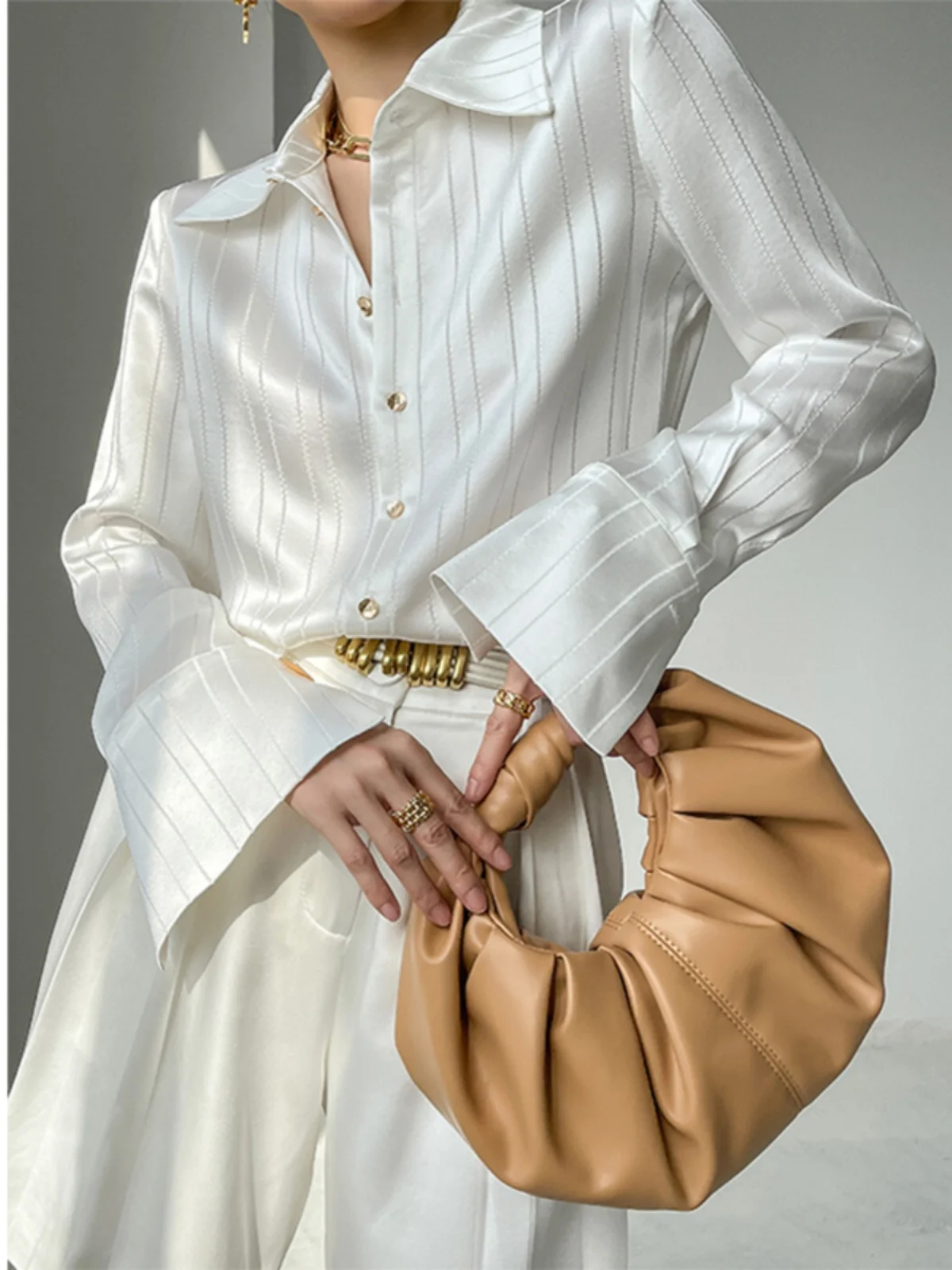 

Ele Long Sve Women's Acetate Satin Stripe irt Korean Sle Commute Wind Button Design Straight Tube Work Top