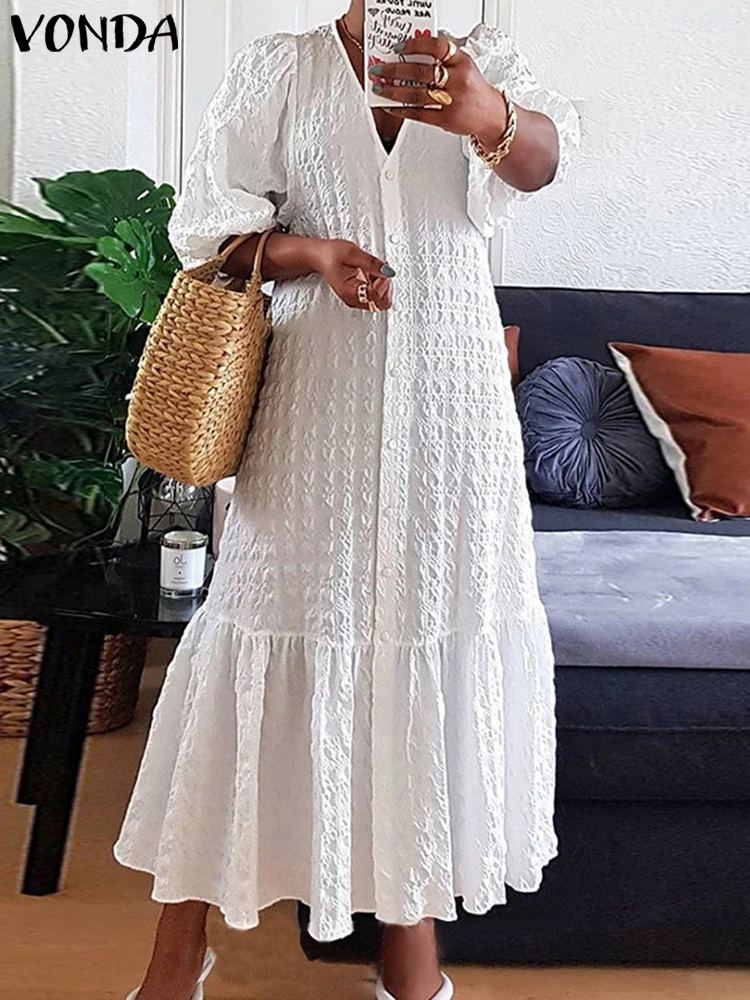 Summer Shirt Dress Women Casual Half Sleeve V Neck Button Down Pleated Long Dresses VONDA Ladies 2023 Bohemian Vestidos  Robe