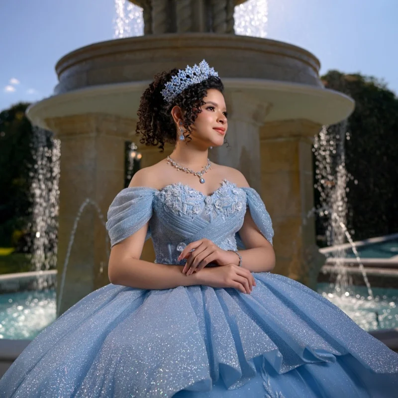 

Shiny Blue Quinceanera Dresses Off the Shoulder Glitter Flower Decal Long tail Vestidoe 15 Quinceanera Customize
