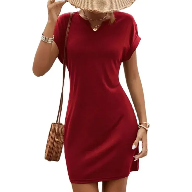 

Women Small V Neck Pullover Dresses Fashion Solid Color Folded Cuffs Dress Summer Female Comfortable Commuter Casual Short Gown