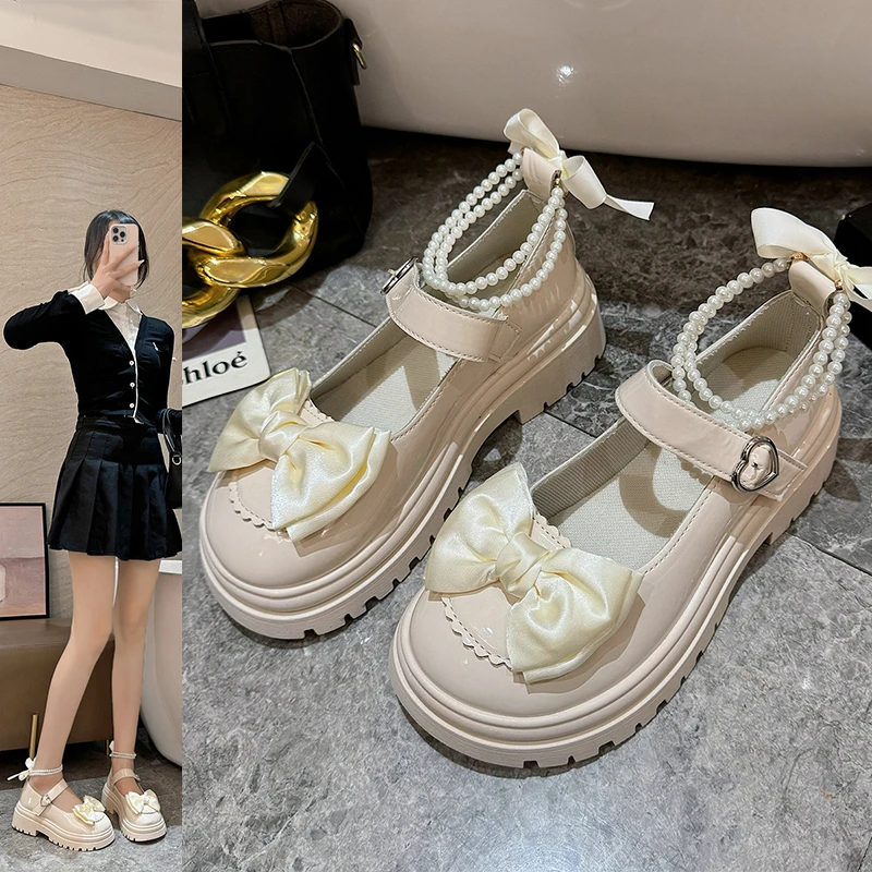 Pearl Little Leather Shoes Spring New Mary Jane Shoes 2024 Thick Heels High Heels Single Shoes Thick Sole with Skirt Round Toe