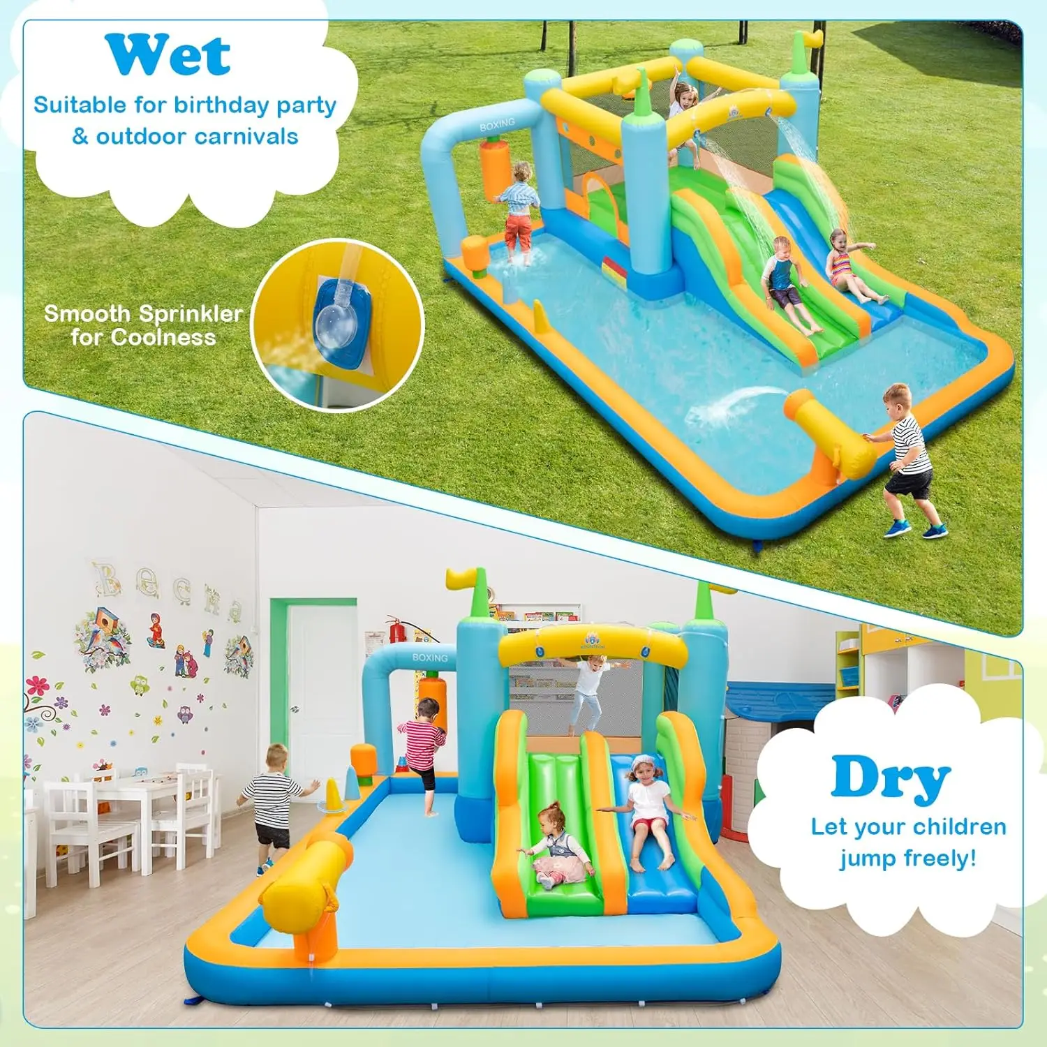 Glissière d'eau gonflable, maison de rebond d'eau sur le thème de la boxe avec toboggan pour enfants, arrière-cour, souffleur de 735W, château pour diabétique