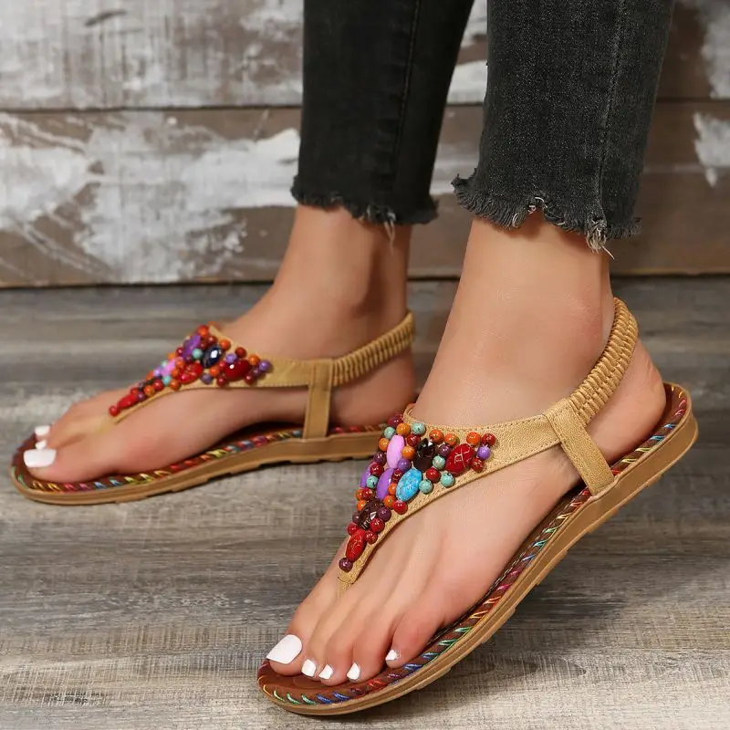 Colorful Beaded Bohemia Sandals Women Summer 2023 Beach Fashion Flat Heels Clip Toe Sandalias Mujer Soft Bottom Rome Shoes Woman