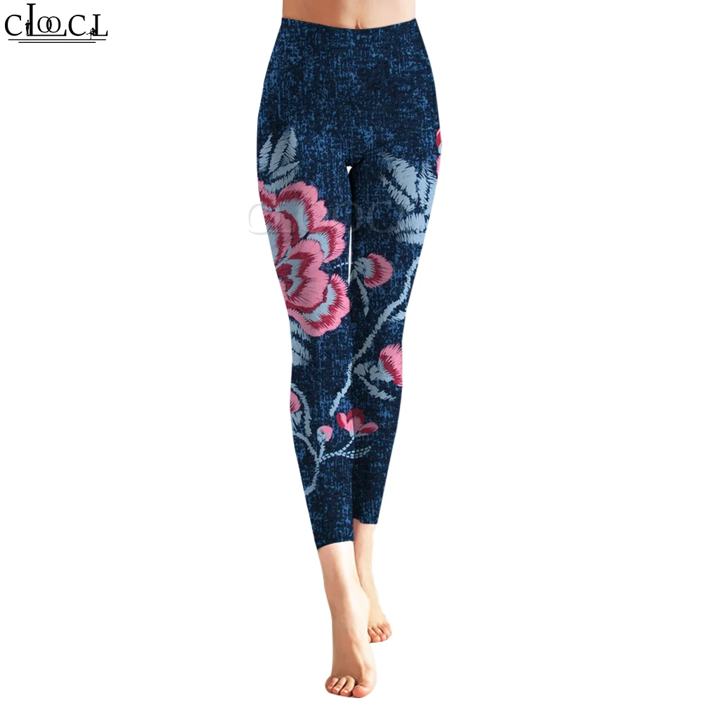 CLOOCL Women Legging Old Denim Floral Print Trousers for Lady Gym Workout Lift Hips Cycling Jogging Pants Hip Hop Leggings New