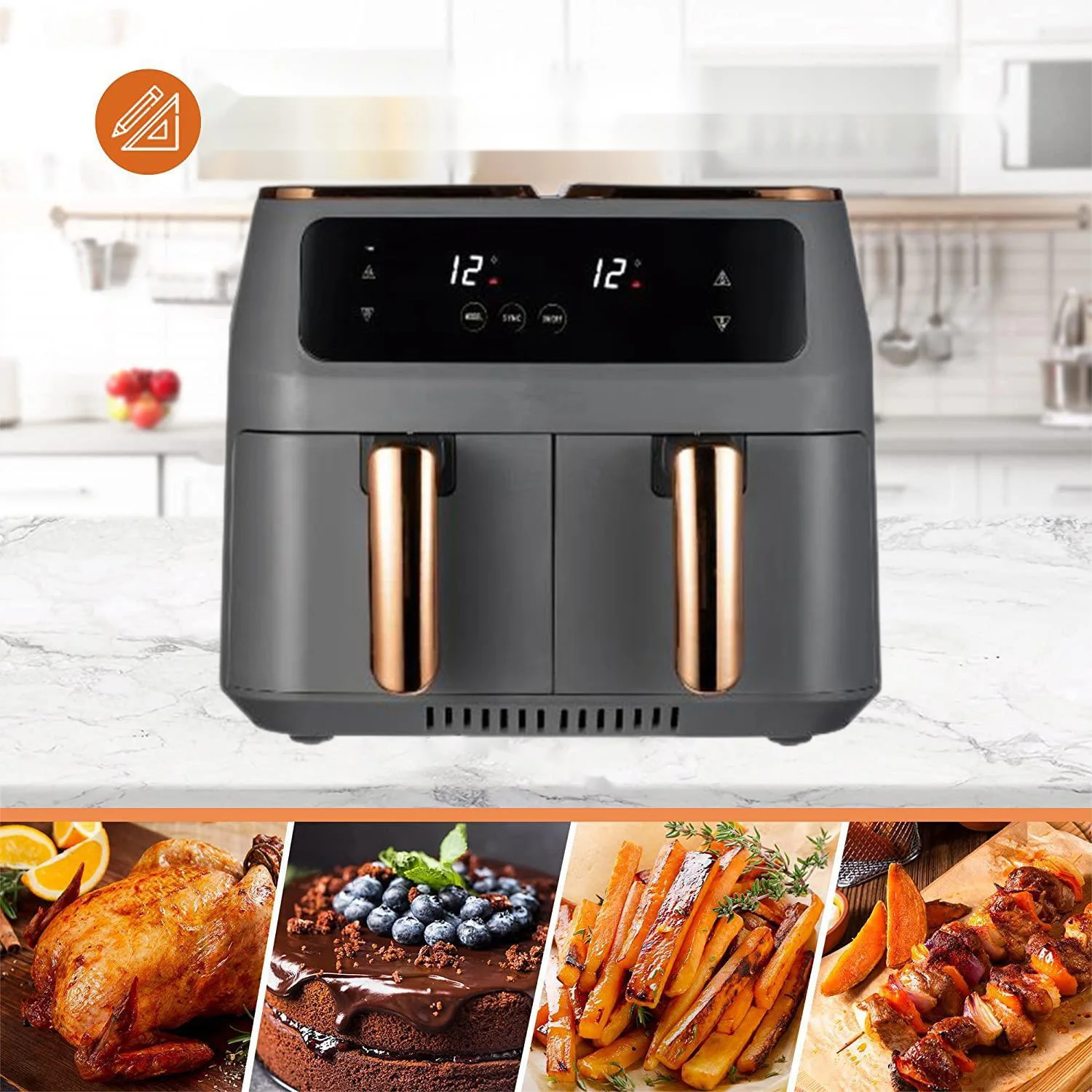 Household Touch Screen Double  Electric Deep Fryer Smart Air Fryers With 2 Independent Baskets