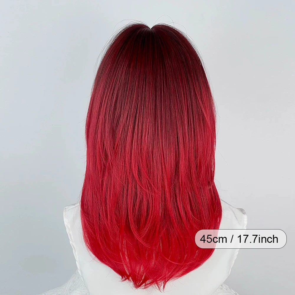 Ombre Red Synthetic Medium Long Layered Wigs with Bangs Women Lolita Cosplay Fluffy Heat Resistant Wig for Daily Party