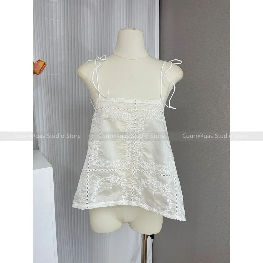 -camiseta camisola bordada blanca de algodón romántico francés, tops cortos finos y holgados con temperamento, novedad de verano 24