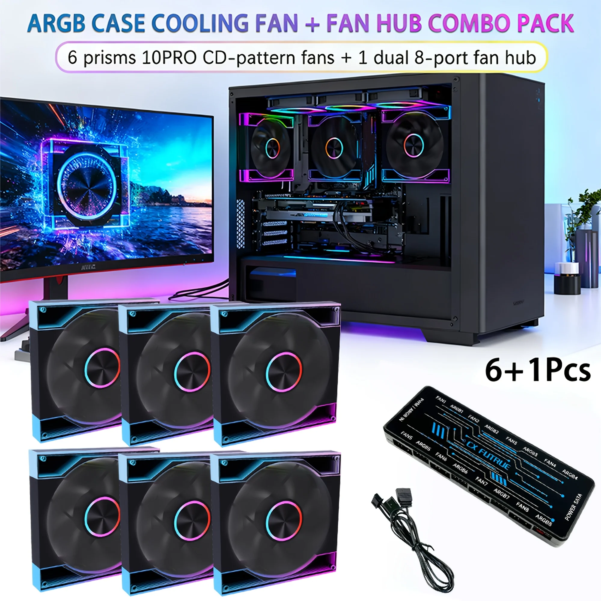 

Комплект из 7 вентиляторов (6 вентиляторов + 1 хаб) Prism 10PRO ARGB для игровых ПК, с синхронизацией ARGB и PWM, контролем температуры, охлаждение корпуса ПК - с положительным вращением лопастей