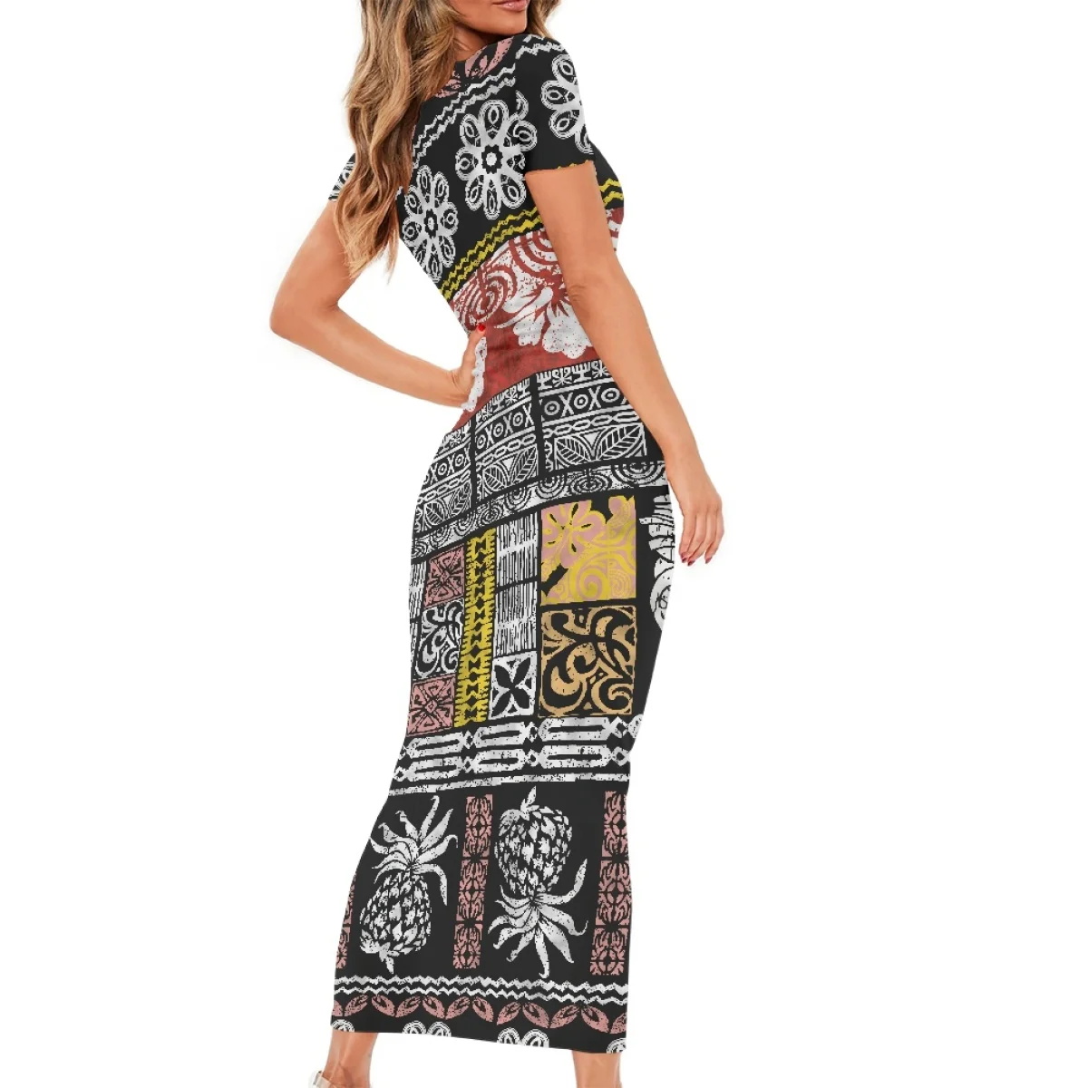 Summer Women Casual Short Sleeves Polynesian Tribal Samoa Hawaiian Fiji Clothing Tapa Print O-neck Bodycon Islands Maxi Dresses