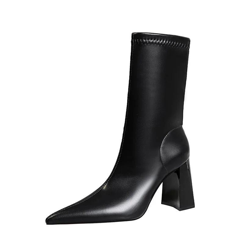 Fashion Simple Warm Mid-Calf Chunky Block Heels Women Boots Pointed High-Heeled Pu Leather Slimming Boots Autumn Winter