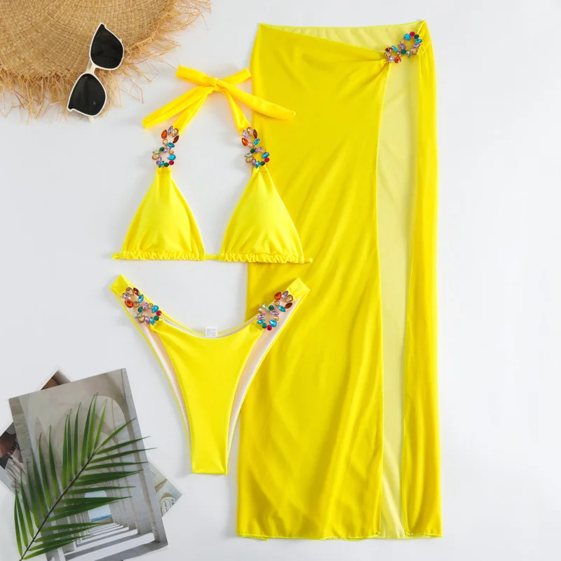 Yellow Sexy Bikinis Swimsuit With Rhinestones Women\'s Swimwear Female Push Up Bikini Beach Swim Wear Bathing Suits Pool Bather