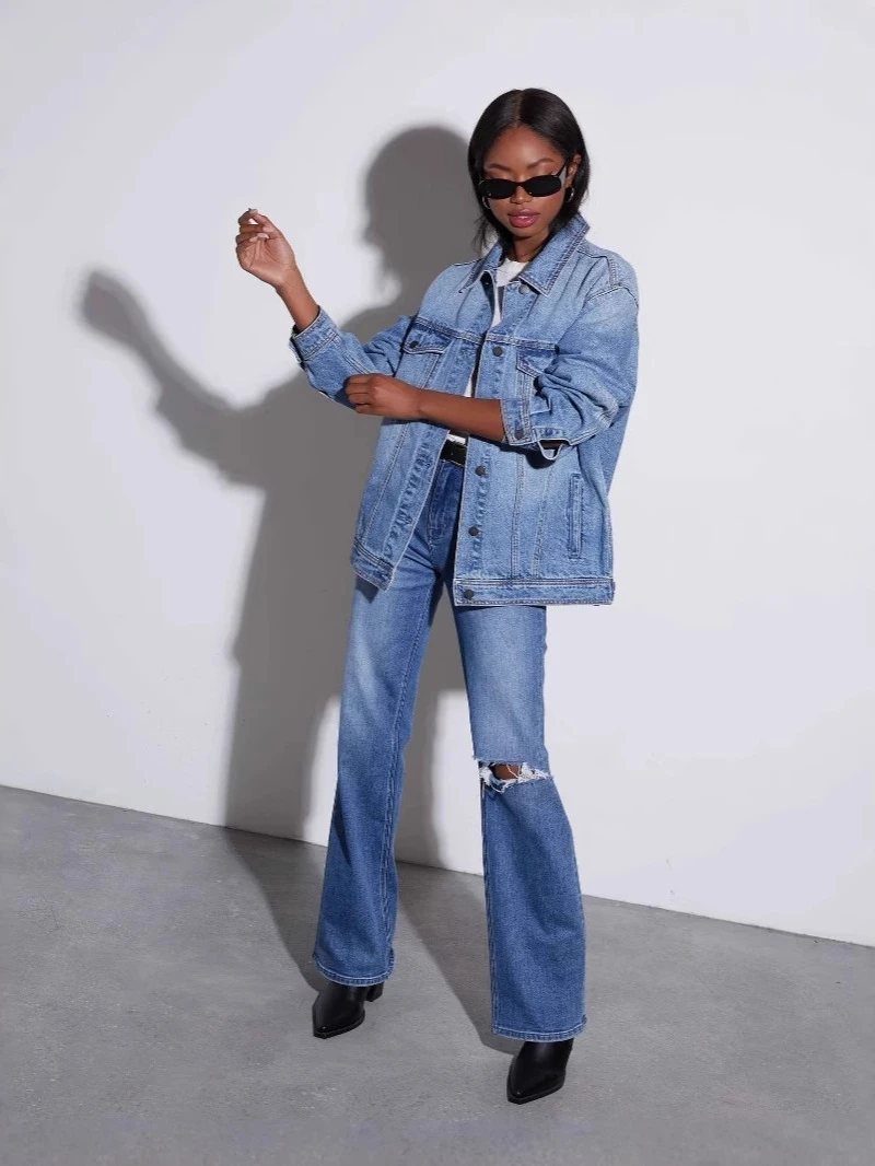 

Waed Denim Jaet Loose Long Sve Casual Women's Outerwear Cotton Casual Sle Winter Faion No Brand Registered Trademark