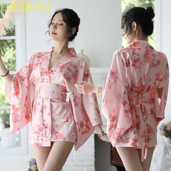 Nuovo allettante kimono stampato giapponese provocante set accappatoio camicia da notte