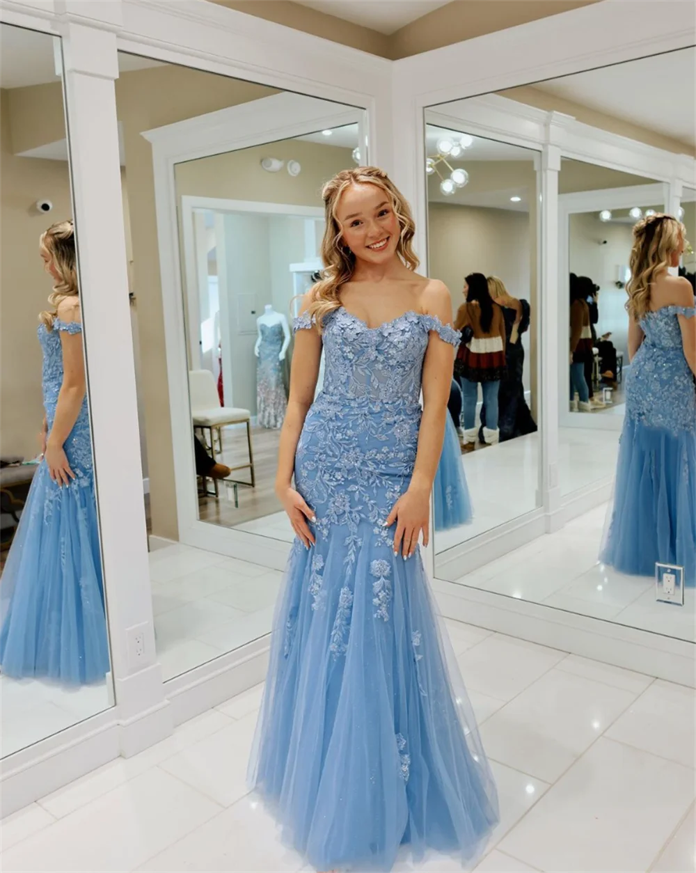 Jessica Blue Embroidery Prom Dresses Tulle Sexy Mermaid Formal Evening Dresses Special Occasion Party Dresses 2024 Wedding Dress