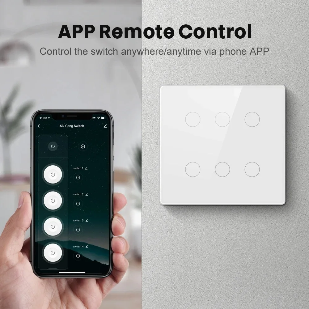 Shawader 4x4 Brazil Tuya WiFi Smart Switch,AC110-220V Touch Sensor Panel 4/6/8Gang Light Switch APP Control by Alexa Google Home