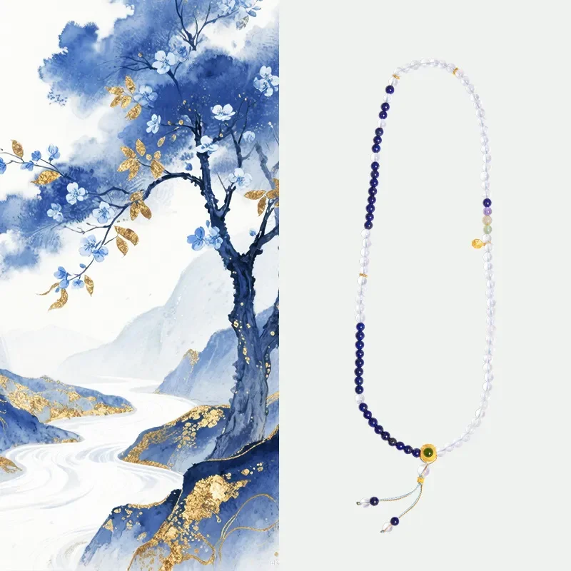 S925 sterling silver Tai Chi octagonal pendant, white crystal lapis lazuli necklace, female new Chinese exquisite gift for