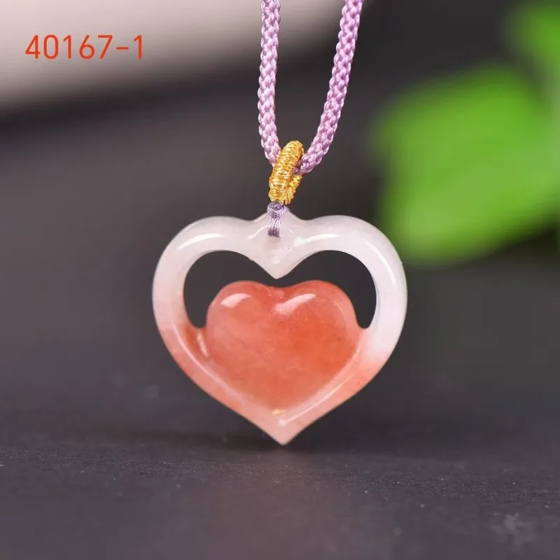 Pink Jade Hand-carved Heart-shaped Pendant Fashion Boutique Jewelry Men and Women Heart-printed Necklace Gift