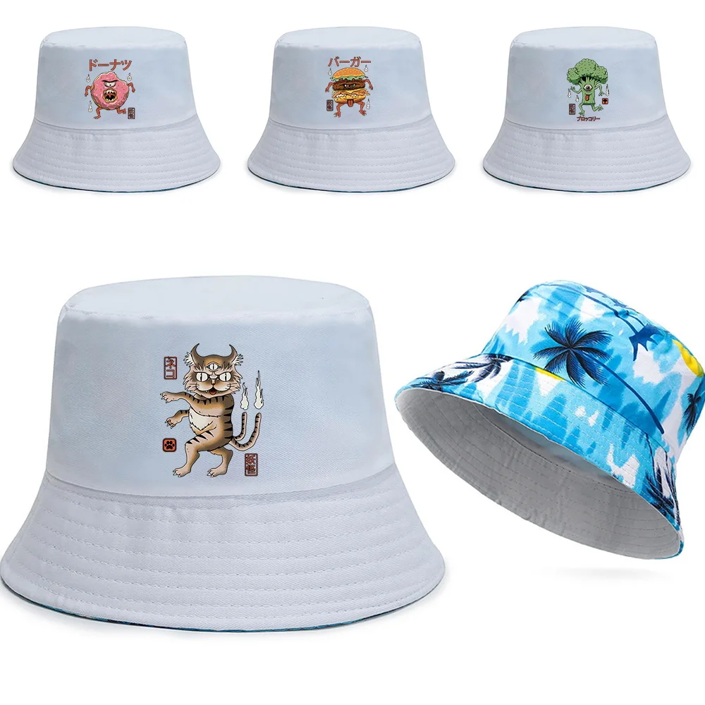 

New Trend Cotton Fisherman Hat Cute Monster Print Bucket Hats Reversible Hawaii Caps Men Casual Panama Cap Women Beach Sun Hats