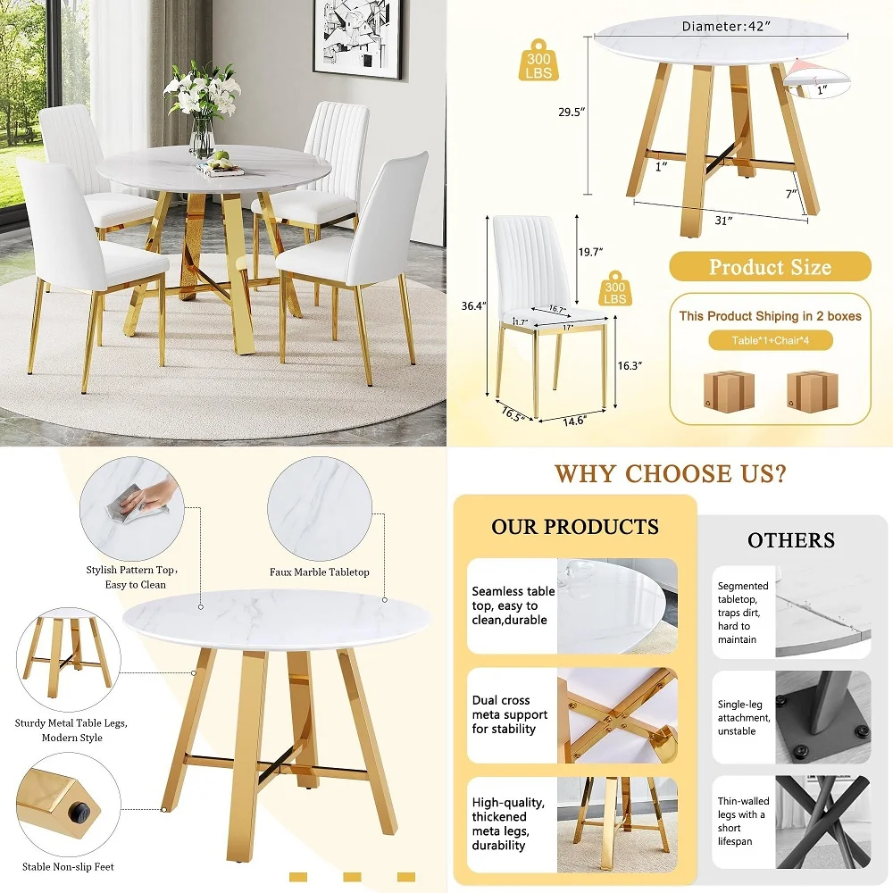 

Dining Table Set for 4, Modern Kitchen Dining Table Chairs Set for 4, 42 Faux Marble Dining Room Table Set amp 4 PU Leather Cha