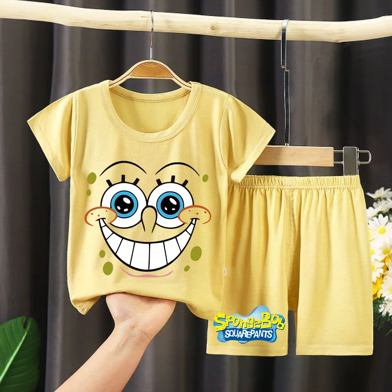 New Spongebob Pajamas for Children Kawaii Cartoon Printed Short Sleeve Sleepwear Kids Casual Loungewear Children\'s Clothing