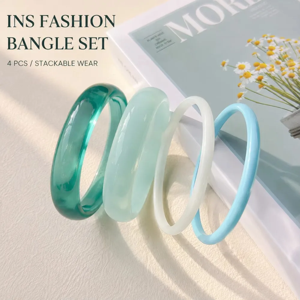 New Ins Style Semi-Transparent Resin Bangle, Geometric Stackable Bracelet for Women Minimalist Layered Jewelry Gift