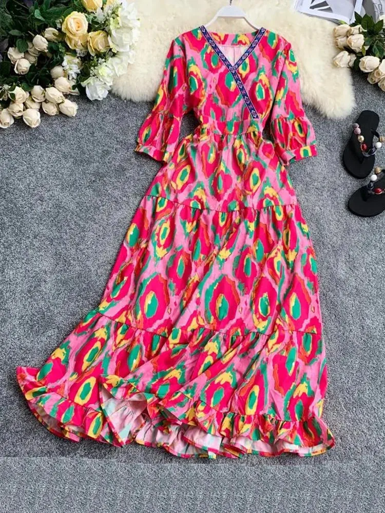 Summer Women's Retro Ethnic Print V-Neck Short-Sleeved Long Dress New Waist Slimming Ruffle Female Dresses QX946