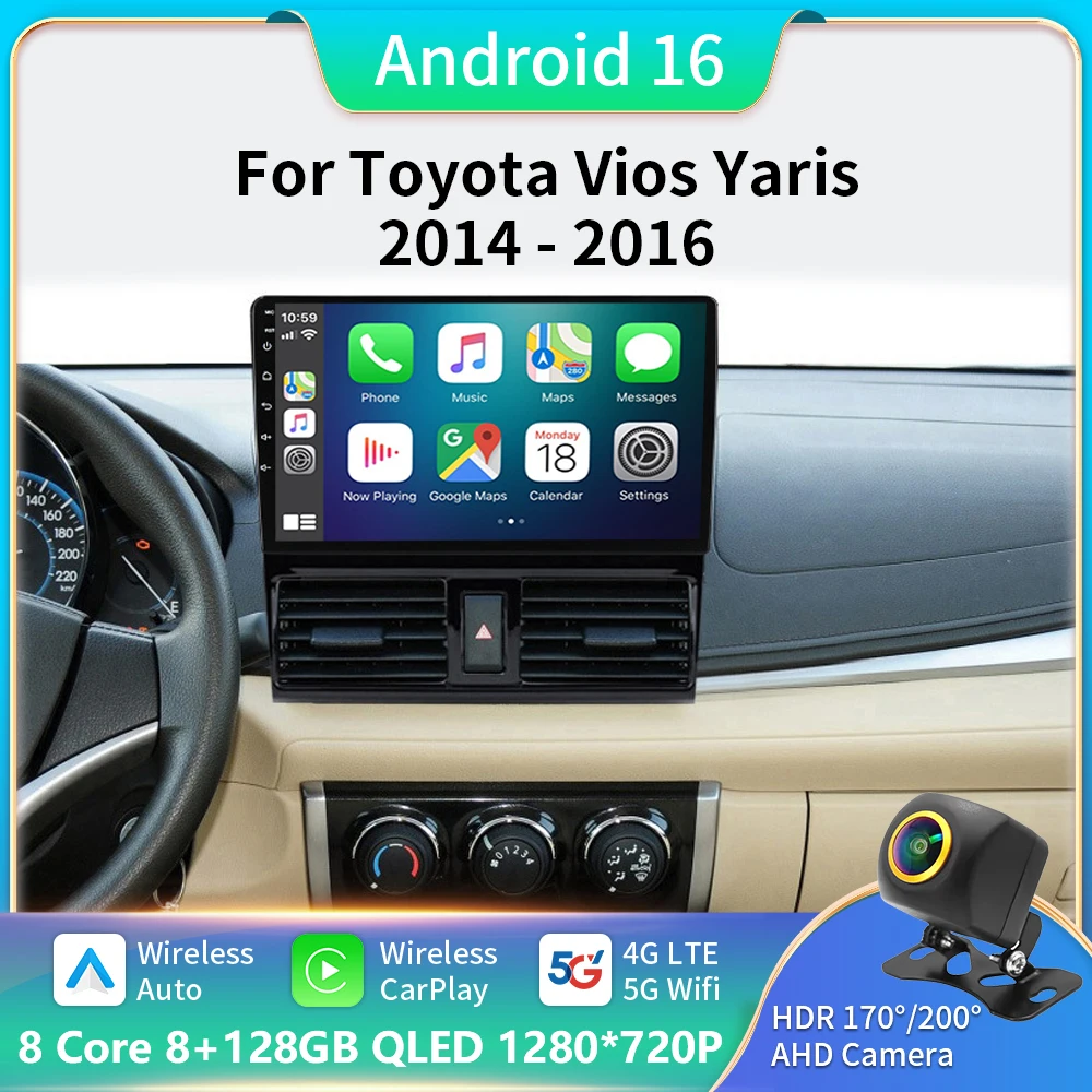

Android 16 Carplay Auto For Toyota Vios Yaris 2013 2014 2015 2016 Car Radio Multimedia Navigation Player Stereo WIFI 4G No 2DIN