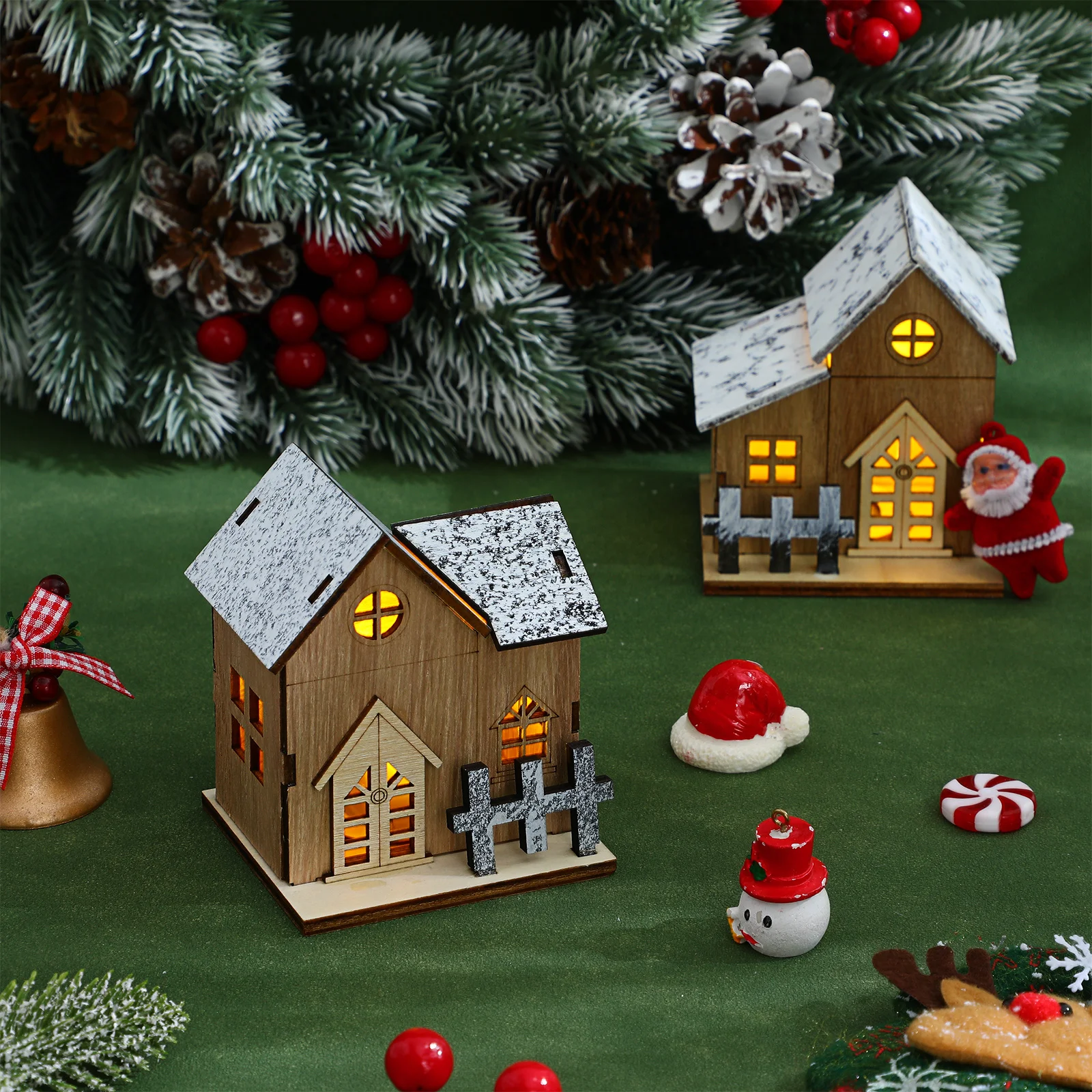 

2Pcs Luminous Xmas Wood Cabin Decor Ideal for Christmas Tabletop Adornments Bedroom Living Room Dining Room Holiday Decorations