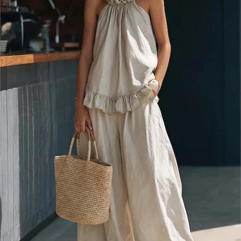 

Effortless Elegant Fashion Casual Co-Ord Set Ruffled Halter Top Wide Leg Trousers Bold Yet Breezy For Elevated Summer Casualwear