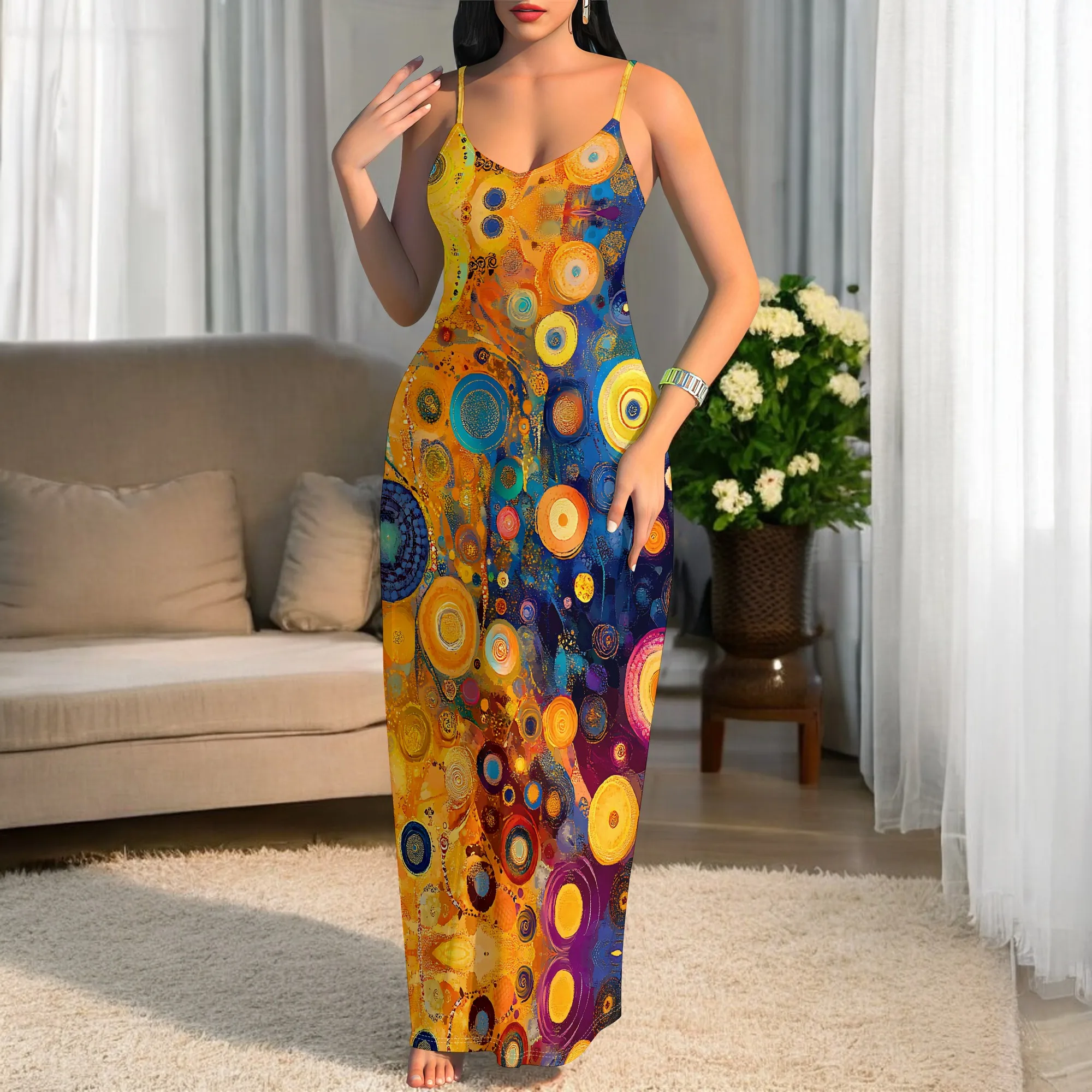 

Abstract Art Print Maxi Dress Women Casual Spaghetti Strap Loose Fit Summer Holiday Dress 2025
