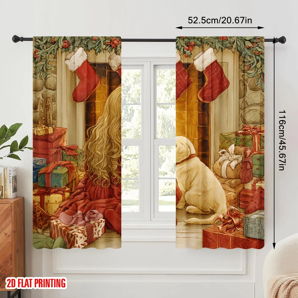 2pcs,2D plane printing Curtains&Window Treatment Cozy Fireplace Scene with in Red & Dog Versatile Polyester (without rod)